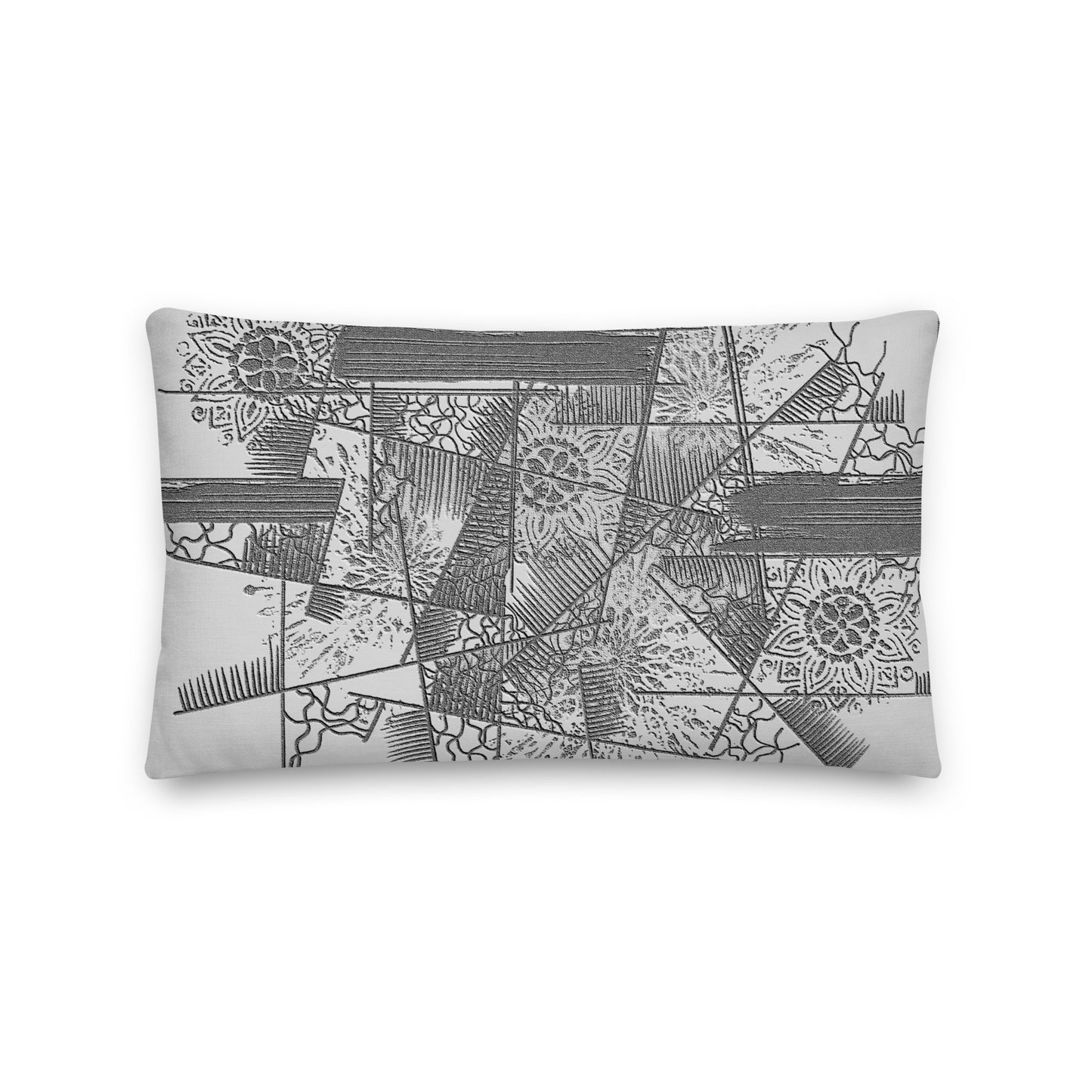 Decorative pillow with black and white geometric pattern on a white background