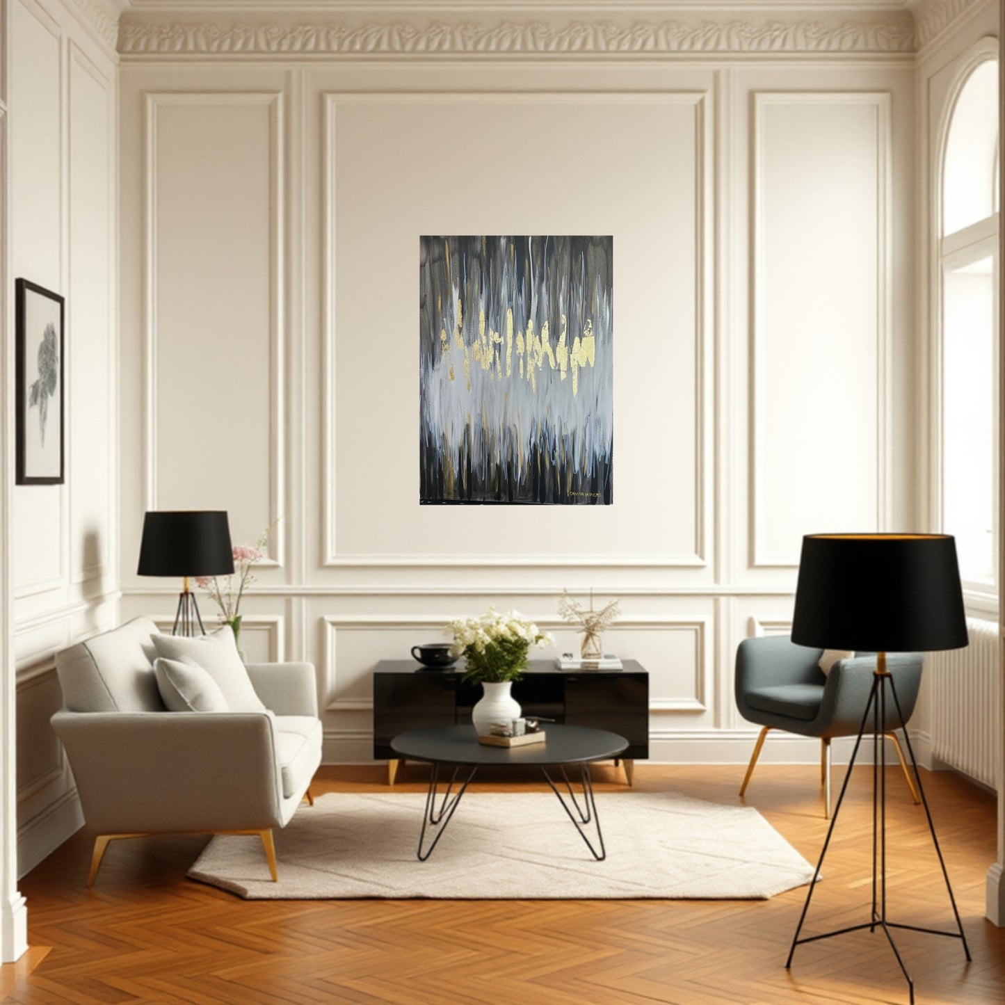 Living room with a multicolor painting by Danuta Lasnord on the wall, sofa, coffee table, and chairs.