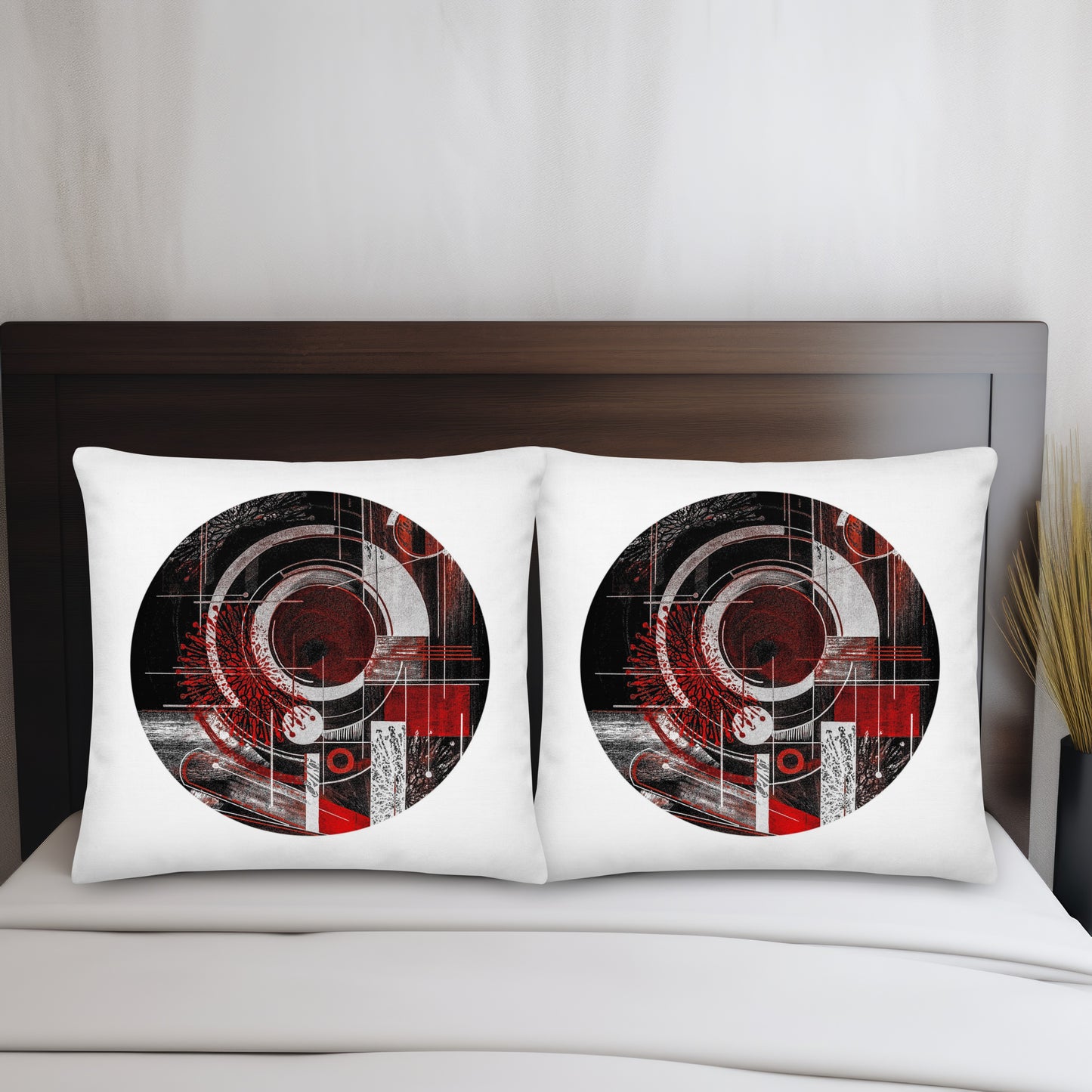 Throw white red cushions for couch. Artistic soft decor for modern cozy home. Dunelm cushions