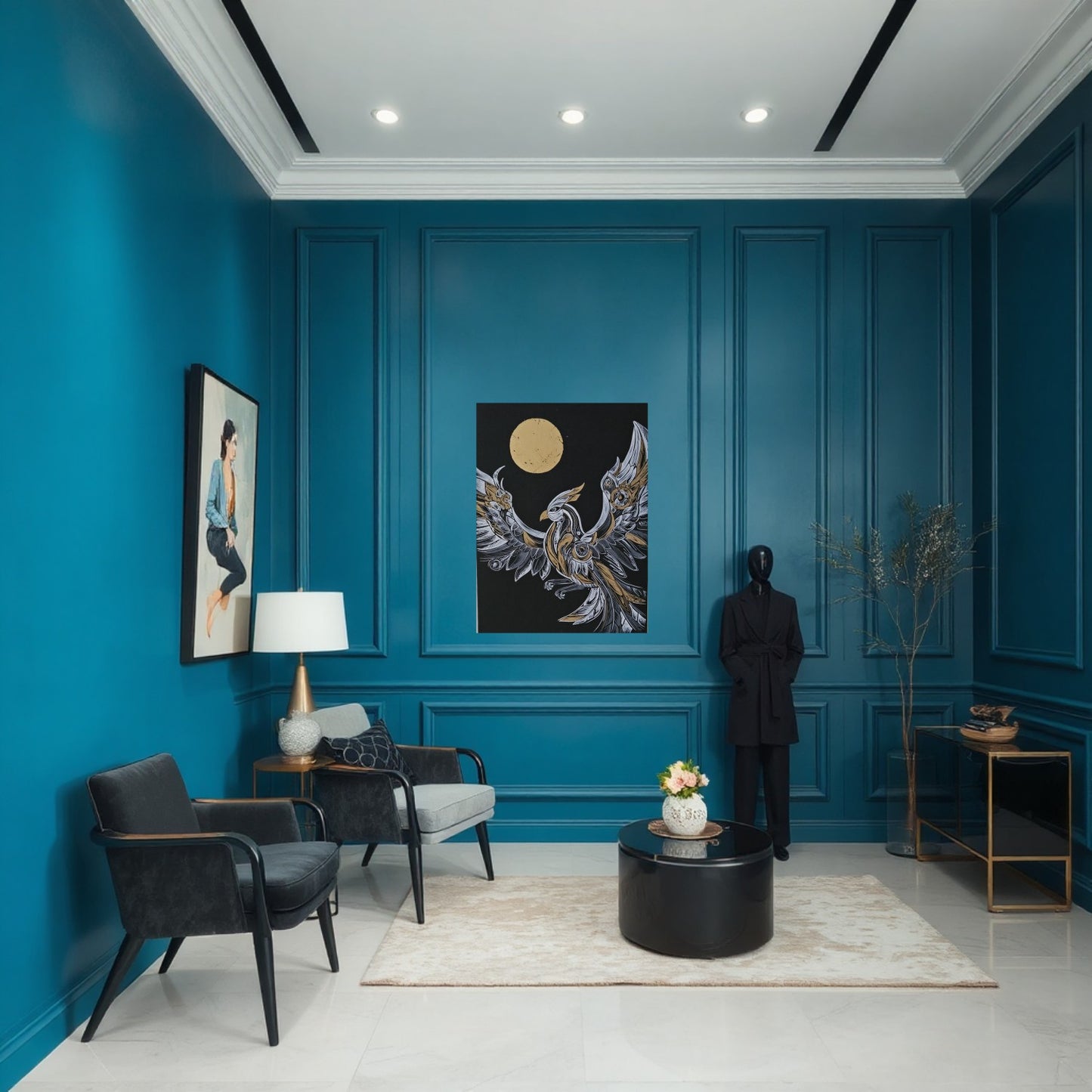 Blue intrerior with black painting. Modern art home