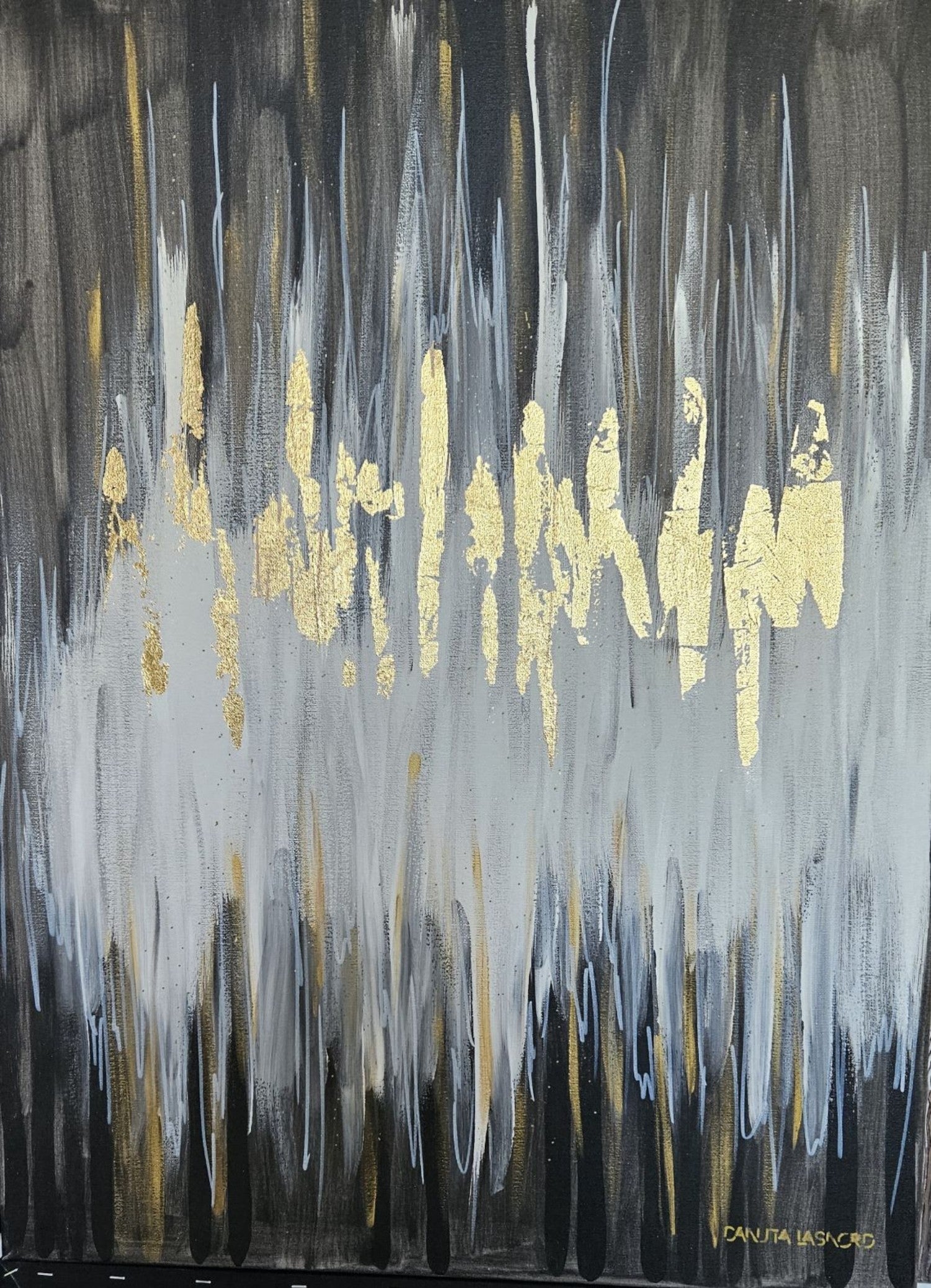 An abstract acrylic painting featuring bold black abstraction with elegant gold touches.