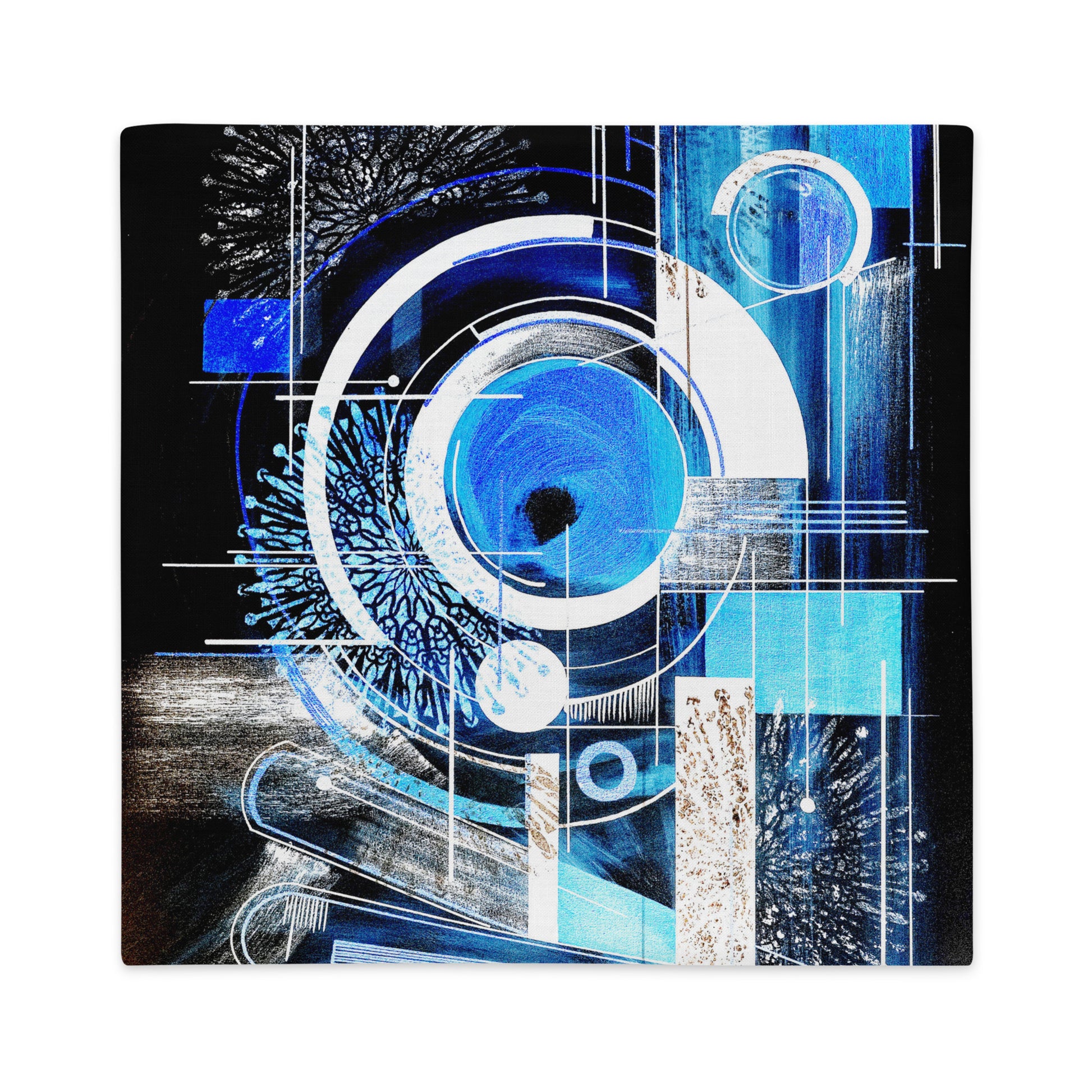 Coussin noir et bleu avec motif graphique abstrait, impression POD