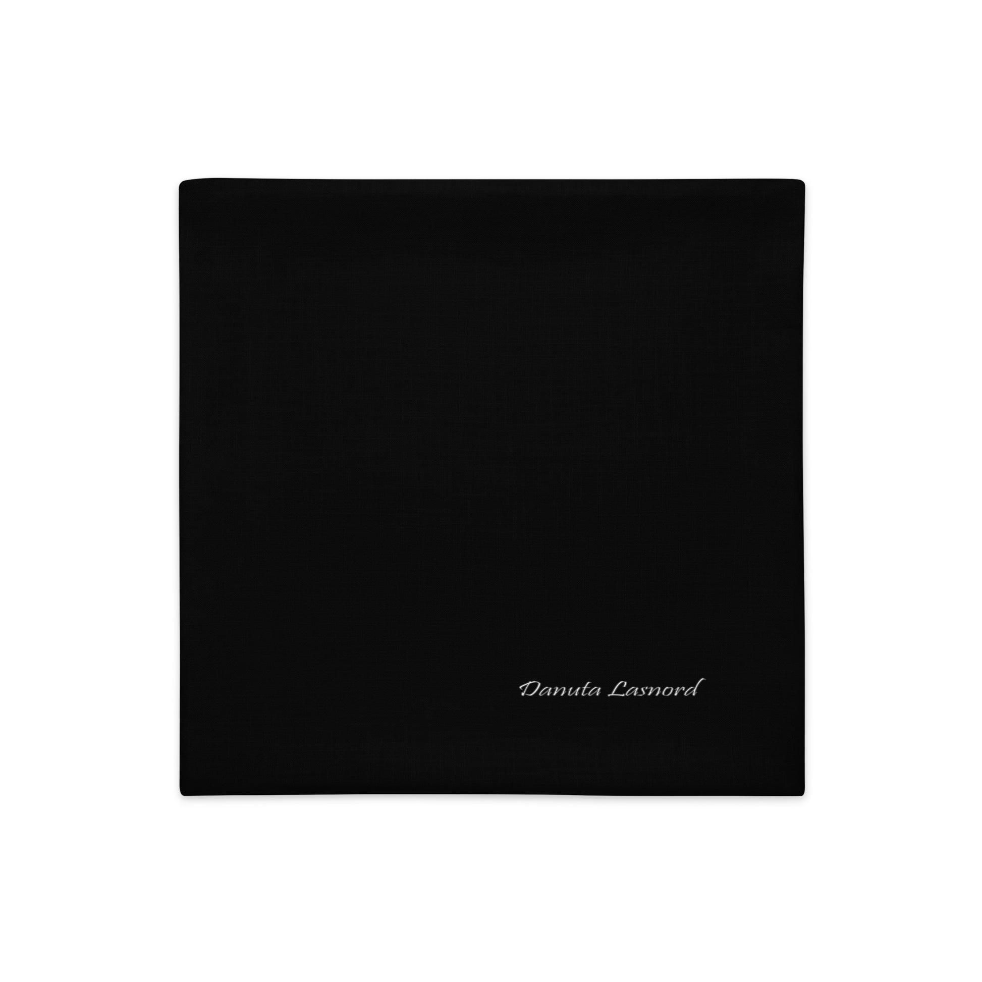 Black square cushion cover with 'Danuta Lasnord' branding. Modern home design
