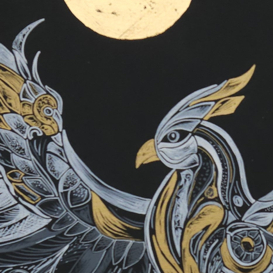 Artistic depiction of a winged creature with gold and white details in a black background. Danuta Lasnord art