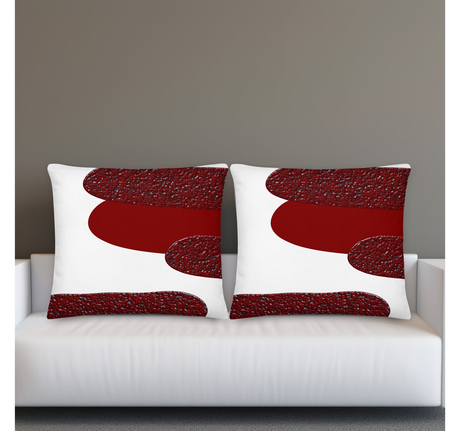 Two decorative pillows with red abstract patterns in skandinavian stile on a white background. For gray interior