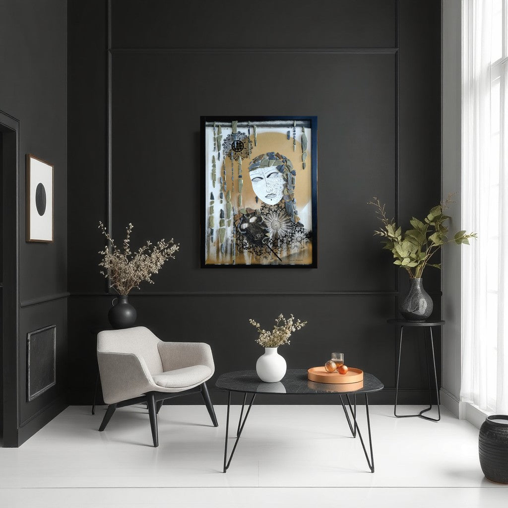 Modern living room with black walls, a white armchair, and decorative elements. Fine art with gold accents on the wall