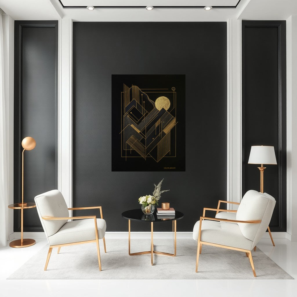 Modern interior with two white chairs, a black table, and black original acrylic abstract art on a black wall