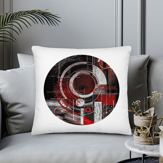 White designer Decorative pillow case with abstract design on a gray sofa for cozy home. Modern accent pillow